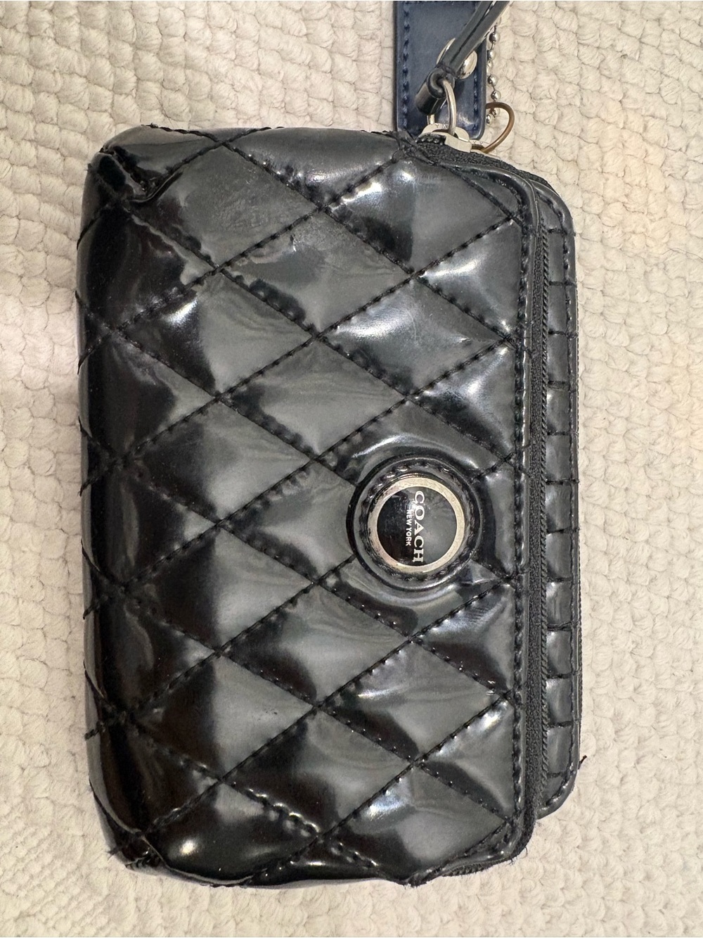 Coach Black Patent Leather Quilted Zip Around Wallet Wristlet